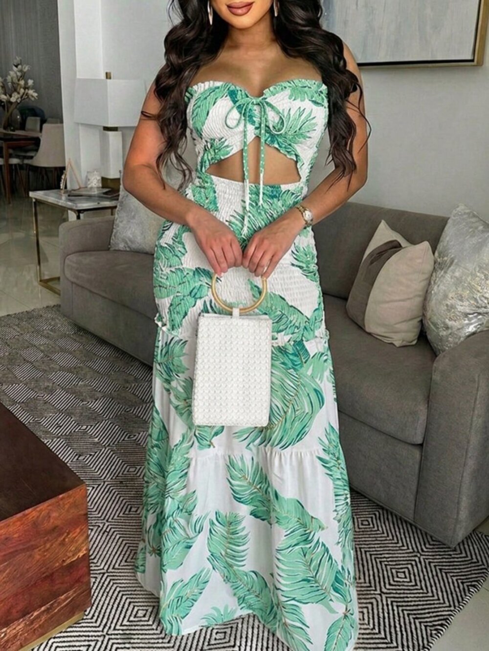 Green Cute Women's Tropical Plant Print Tube Dress Waist Cinch Mermaid Hem